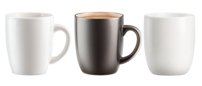 Three ceramic mugs in varying colors?white, black, and plain?arranged side by side, showcasing their smooth surfaces and curved handles, ideal for beverage presentation