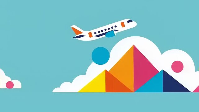 Airplane flying over colorful geometric mountains illustration.