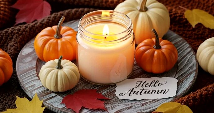 Autumnal arrangement with pumpkins, candle, and a cozy blanket setting