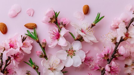 Beautiful almond blossoms and nuts on a soft pink background
