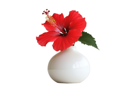 Red hibiscus flower in a white vase isolated on transparent background. Single vibrant red hibiscus blossom in a simple round white vase isolated on white background.
