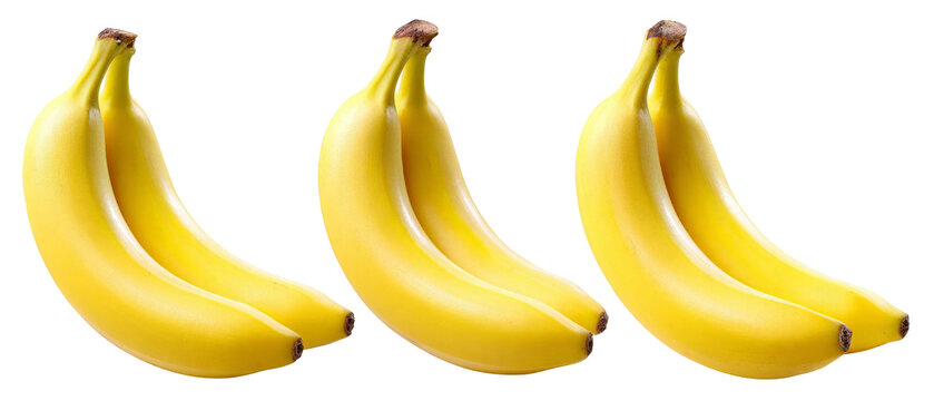 Three ripe bananas arranged in a row, showcasing their vibrant yellow color and smooth texture, set against a clean white background, ideal for food-related content