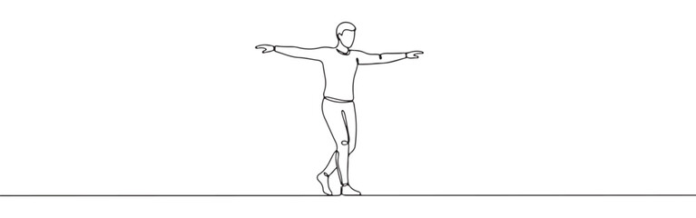 Continuous one line drawing of a person standing with arms outstretched. Concept of balance, freedom and happiness