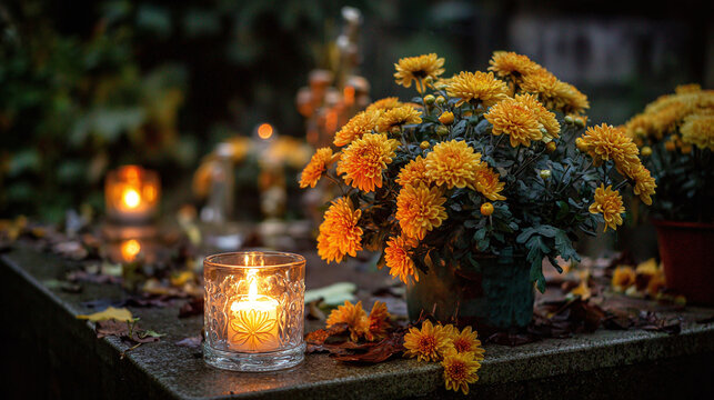Illuminating Memories: A candle's gentle glow, golden chrysanthemums in bloom, honoring cherished memories in a solemn and beautiful setting.