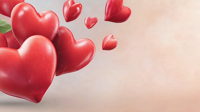 Red hearts floating in the air with a soft gradient background, symbolizing love and affection, perfect for romantic themes and celebrations, with copy space for text
