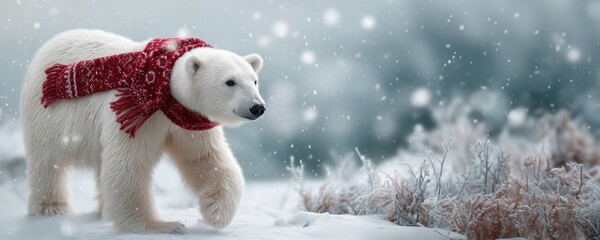 Majestic polar bear with red scarf walking through snowy landscape