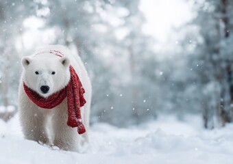 Polar bear wearing red scarf in snowy winter forest