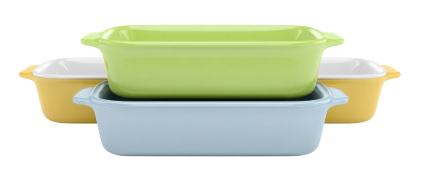 A vibrant stack of colorful baking dishes in various sizes, showcasing their sleek design and practical use for cooking and serving, set against a clean white background for clarity