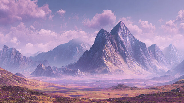 A stunning landscape features majestic mountains under a soft, pastel sky. The vibrant colors create a serene and breathtaking scene to see.