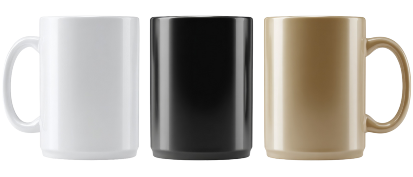 A trio of sleek ceramic mugs in white, black, and gold arranged side by side against a clean background, showcasing their elegant design suitable for modern kitchen aesthetics