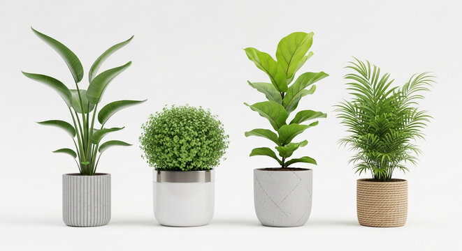 Collection of four potted plants diverse greenery in modern pots isolated on a clean white background