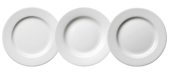 Three pristine white plates arranged in a row on a neutral background, showcasing their smooth surfaces and elegant design, ideal for food presentation or culinary photography