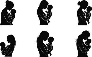 Mother holding baby silhouette, maternal love, family care, motherhood illustration, newborn bonding, parent affection, mom and infant relationship concept