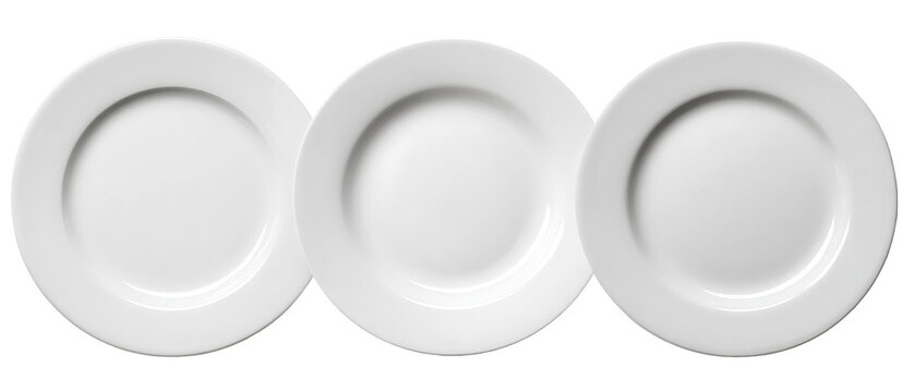 Three pristine white plates arranged in a row on a neutral background, showcasing their smooth surfaces and elegant design, ideal for food presentation or culinary photography