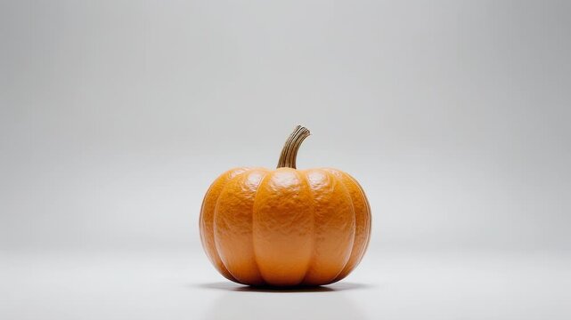 A Single Orange Pumpkin Rests on a White Surface Against a Soft Gray Background