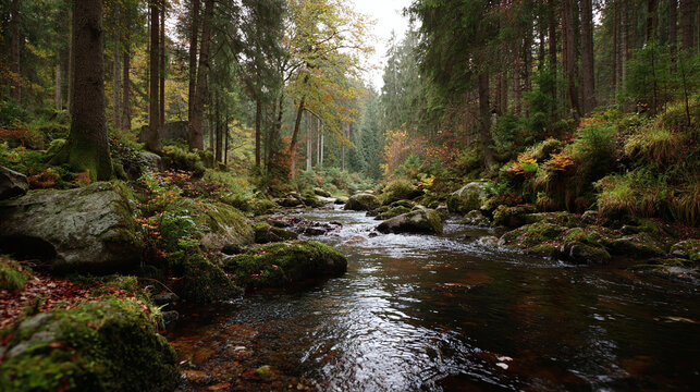 A pristine forest stream flows through mossy rocks, under a canopy of tall trees, reflecting the natural beauty of this serene wilderness.