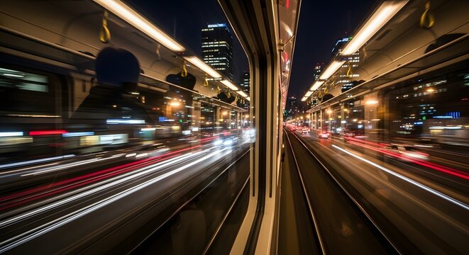 Nighttime view from a train window showing blurred city lights and reflections, conveying speed and urban movement. - Powered by Adobe