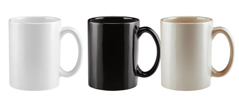 A trio of ceramic mugs in white, black, and beige arranged side by side, showcasing their smooth surfaces and handles, set against a neutral background, ideal for product photography