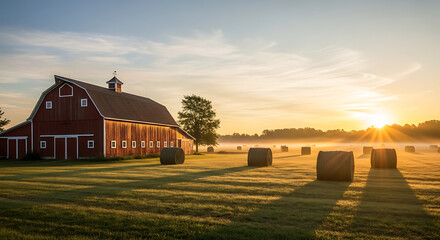 Peaceful American Countryside Farm at Sunrise with Golden Light