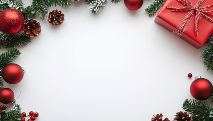 Festive holiday decoration with red ornaments and gift box christmas theme flat lay indoor setting warm ambiance