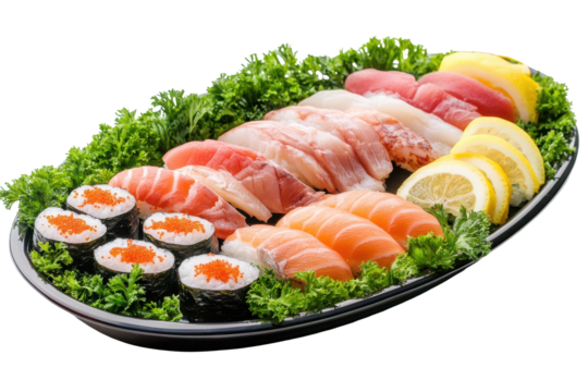 Assortment of fresh sushi and sashimi on a decorative platter isolated on transparent background. Colorful platter of fresh sushi with various fish isolated on white background.