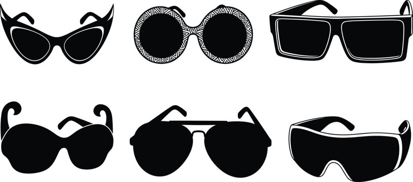 Modern sunglasses vector collection, stylish eyewear design set, fashion accessory illustration, trendy glasses silhouettes, black and white minimalist concept - Powered by Adobe