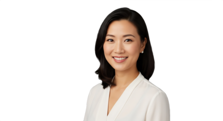 Smiling East Asian Feng Shui consultant (33-38) advises on holiday decor, isolated on transparent background. Ideal for wellness, home design, seasonal guides, business branding,