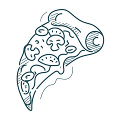 Pizza slice doodle icon vector isolated. Hand-drawn line illustration of a delicious meal. Pizzeria symbol. Fast food, tasty snack. Italian cuisine, pizza with mushroom, pepperoni and cheese.