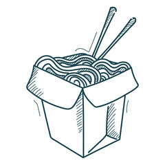 Chinese noodle doodle icon vector isolated. Hand-drawn illustration of noodle in a paper box. Delicious lunch, Asian fast food. Chinese cuisine. Chopsticks in wok.