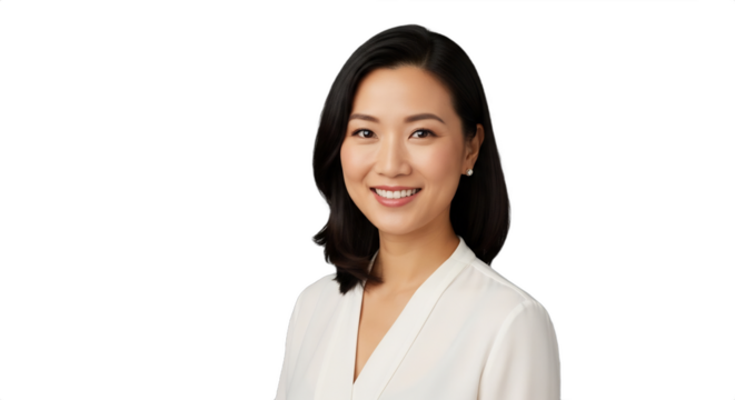 Smiling East Asian Feng Shui consultant (33-38) advises on holiday decor, isolated on transparent background. Ideal for wellness, home design, seasonal guides, business branding,