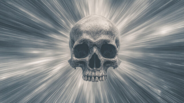 A skull floats amidst an ethereal, starburst-like backdrop. A stark contrast to the unknown. A reminder of the fragility of life. Forever onward.