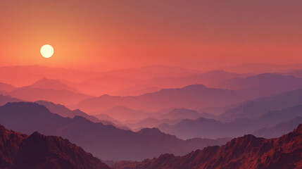 Crimson sunset bathes the mountain range, a silhouette of nature's beauty. The serene landscape invites peace and tranquility.