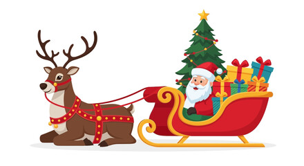 Naklejka premium Santa claus riding in a red sleigh pulled by a reindeer carrying a christmas tree and gifts