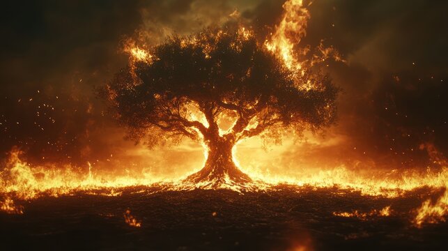 Burning ancient tree, fiery landscape, apocalyptic scene, powerful nature, stock photo