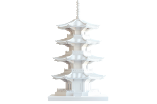 White japanese pagoda sculpture isolated on transparent background. Japanese pagoda with a white roof isolated on white background.