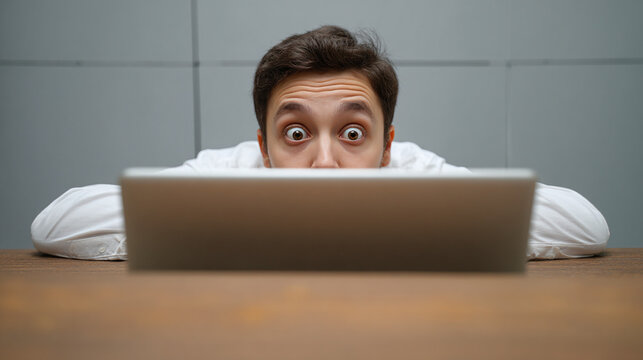 A man is peering over his electronic device at the table, eyes widened in shock or surprise. The person is wearing a white shirt.