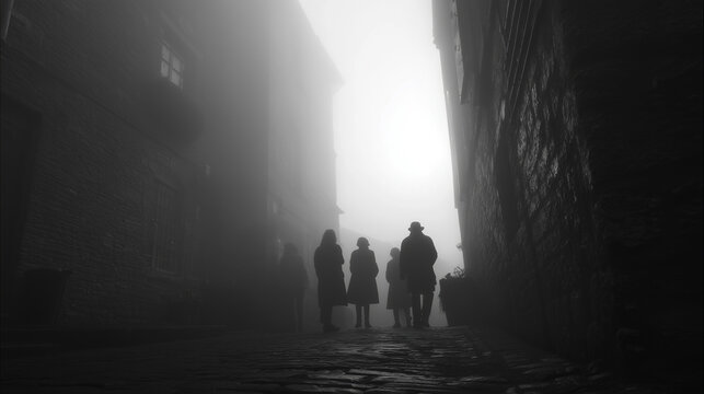 Whispering fog in an old alleyway, silhouettes of people watching from within the haze