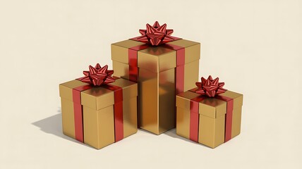 Obraz premium Golden gift boxes with red bows isolated on a light background