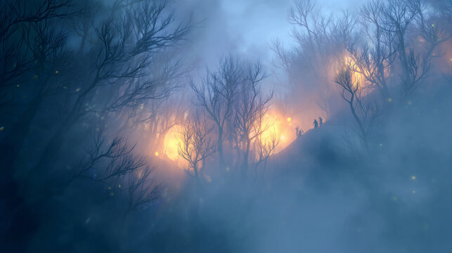 Enchanted forest shrouded in mist, soft humanlike forms glowing deep within the fog
