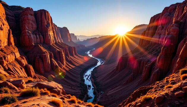 Dawn Canyon Aerial View with Winding River and Sunset Hues