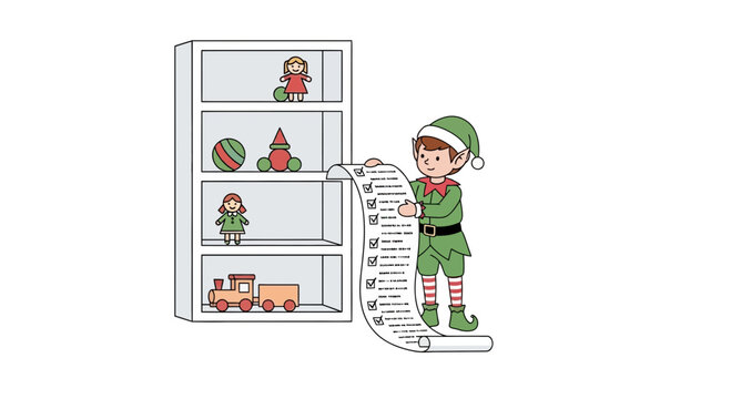 Cute christmas elf checks off toys on a list next to a shelf filled with dolls balls and a toy train