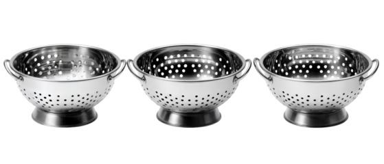 Three stainless steel colanders arranged in a row, showcasing their perforated design and sturdy handles, ideal for draining pasta or washing vegetables in a modern kitchen setting