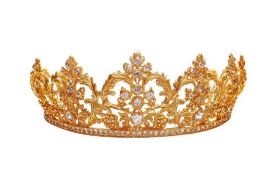 Ornate golden crown with intricate details isolated on transparent background. Shiny golden crown with intricate designs and a glossy finish isolated on white background.