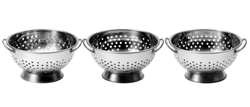 Three stainless steel colanders arranged in a row, showcasing their perforated design and sturdy handles, ideal for draining pasta or washing vegetables in a modern kitchen setting
