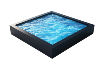 Square dark frame filled with sparkling blue water isolated on transparent background. Square swimming pool with blue water isolated on white background.