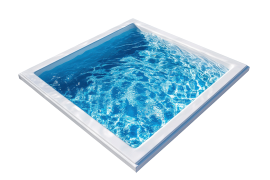 Square dark frame filled with sparkling blue water isolated on transparent background. Square swimming pool with blue water isolated on white background.