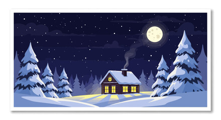 Fototapeta premium Cozy snow covered cabin nestled in a winter forest under a starry night sky with a full moon