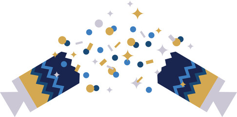 party popper exploding with confetti in silver, gold and blue, isolated vector illustration on white background, design element for decoration, poster, banner, greeting card, invitation