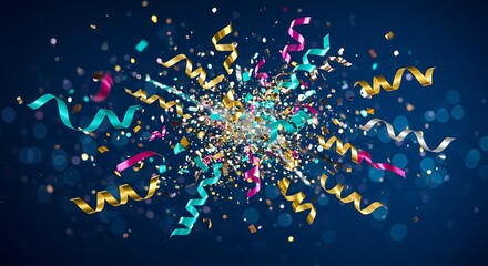 Explosion of colorful confetti and streamers against a dark blue background with bokeh lights, celebrating a festive occasion