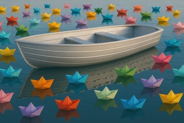 Silver skiff navigating a tranquil sea of vibrant origami paper boats resting serenely
